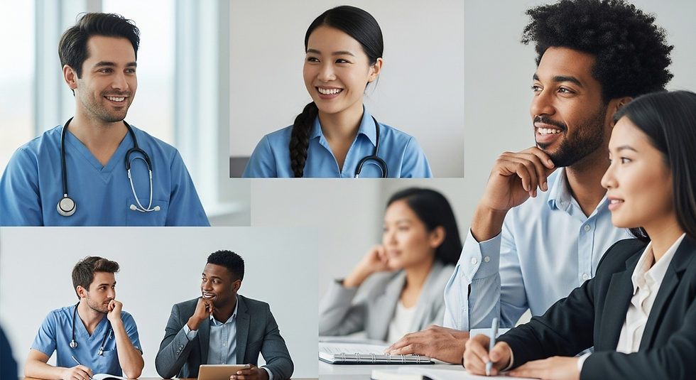 Doctors and business professionals in a bright office, engaged in conversation and smiling. Blue scrubs and suits indicate collaboration.