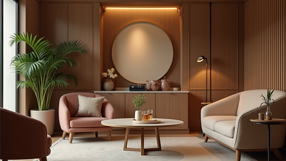 Close-up view of a private lounge with comfortable seating and refreshments