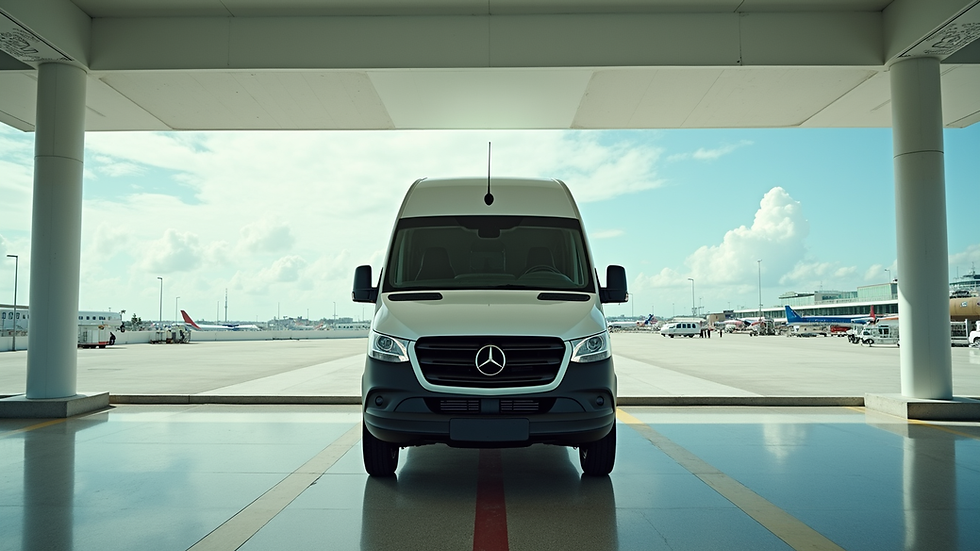 Eye-level view of a spacious white van parked at Cancun airport
