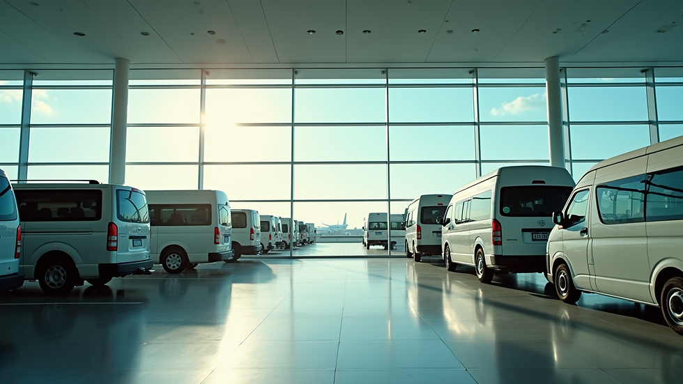 Wide angle view of a Cancun airport arrival area with transport vehicles lined up