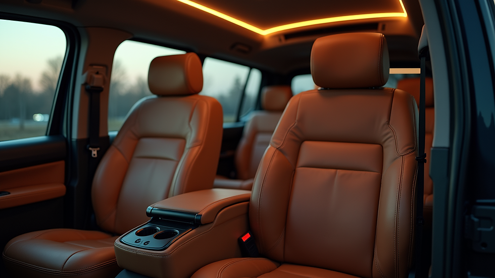Wide angle view of a luxury van interior with leather seats and ambient lighting