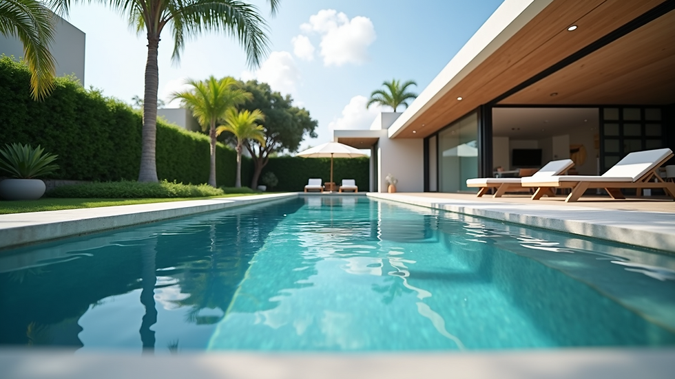 Eye-level view of a luxurious backyard pool with modern design
