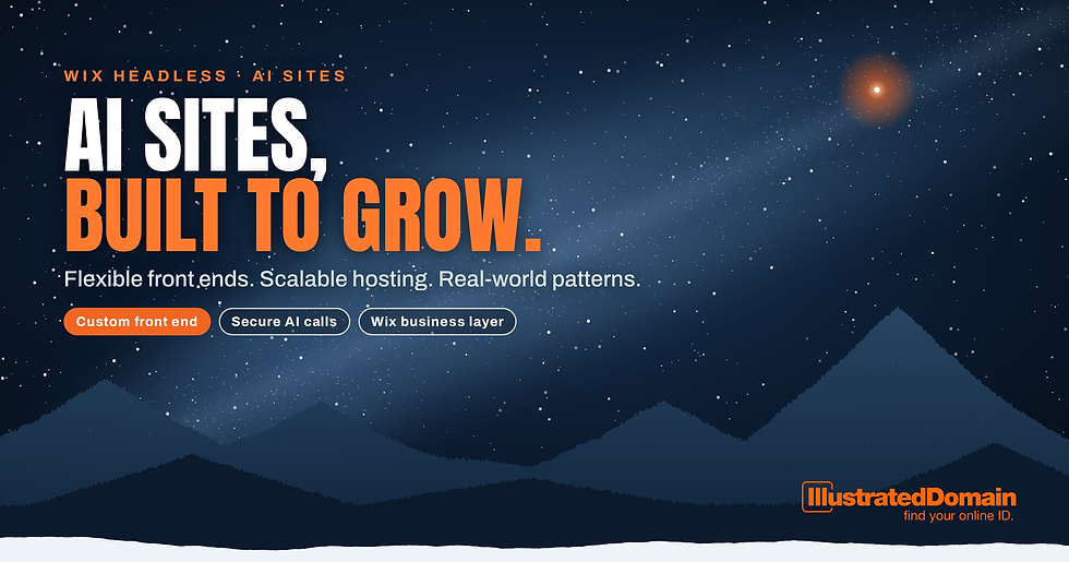 Starry night ad with mountains and glowing sun: WIX HEADLESS AI SITES, BUILT TO GROW, plus custom front end, secure AI calls buttons