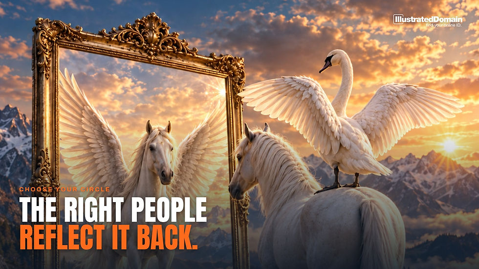 A white horse faces a gold mirror reflecting a winged version of itself, as a swan spreads its wings on the horse’s back, with the words “The right people reflect it back.”