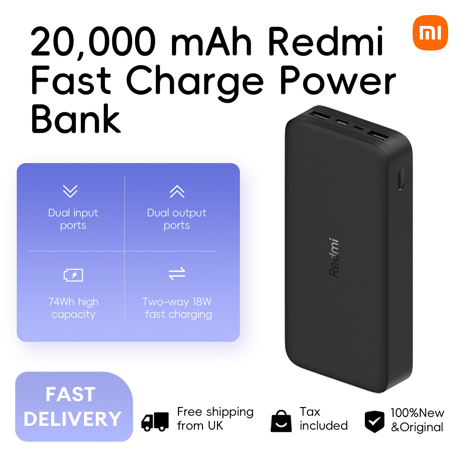 Xiaomi 20000mAh Redmi 18W Fast Charge Power Bank Black, High Capacity of 20000mA