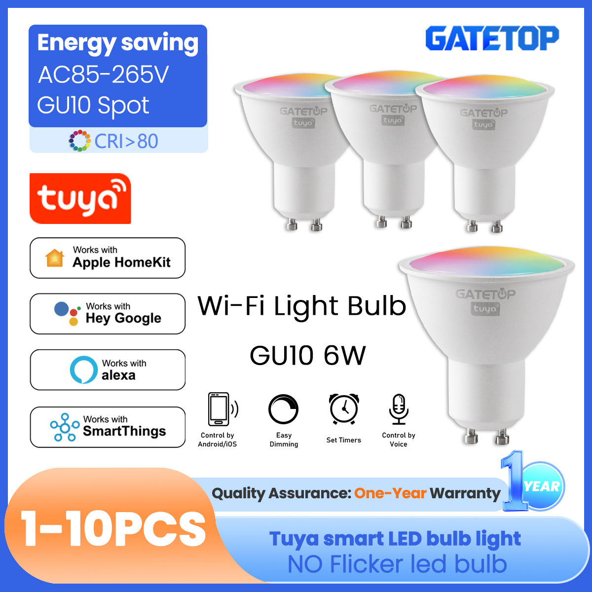 1-10PCS Tuya WiFi GU10 LED Spotlight Smart Light Bulb Dimmable 1-100% Lamps Smar
