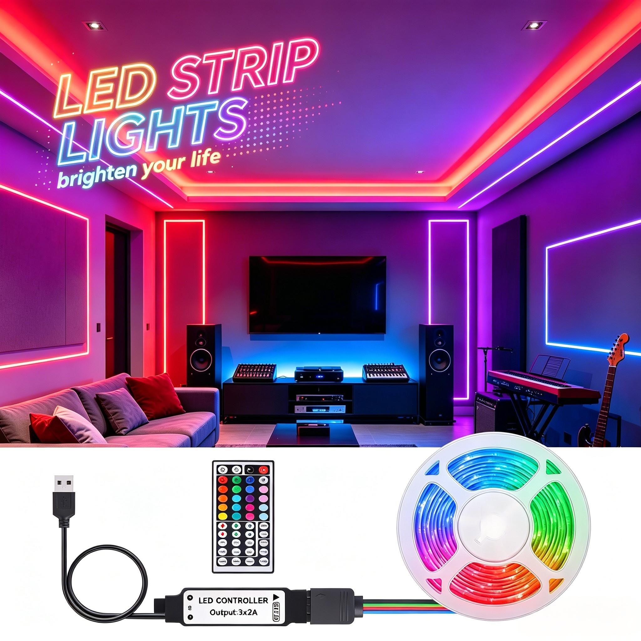 Indoor RGB light strip with 44-key remote control, USB powered, and multiple lig
