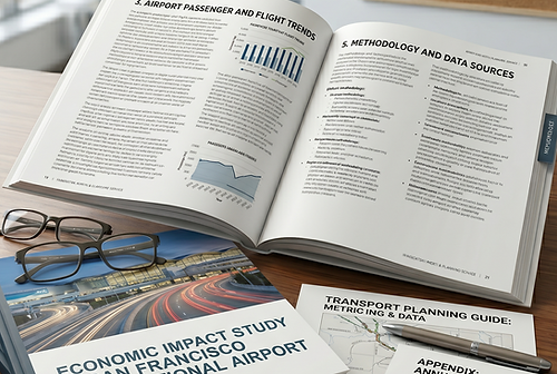 Open transportation planning report with charts and data pages on a desk