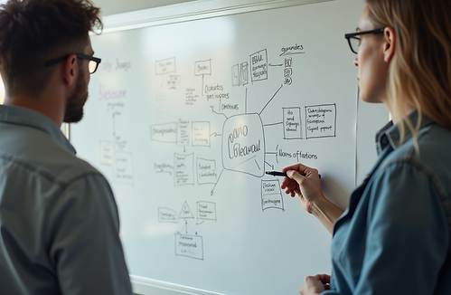 Two colleagues mapping stakeholder groups on a whiteboard