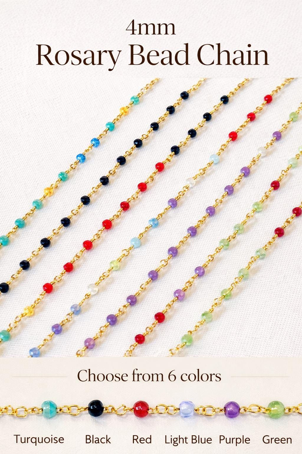 18k Gold Crystal Rosary Bead Chain - Permanent Jewelry Making, Multi Color