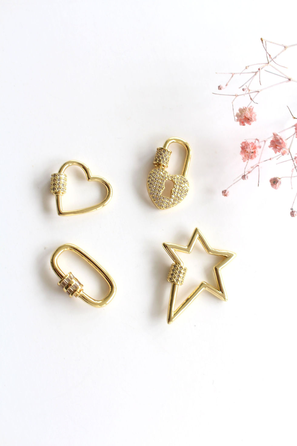 Thumbnail: Gold Carabiner Screw Clasps CZ Pave Heart Oval Star Locks Interlocking Charms