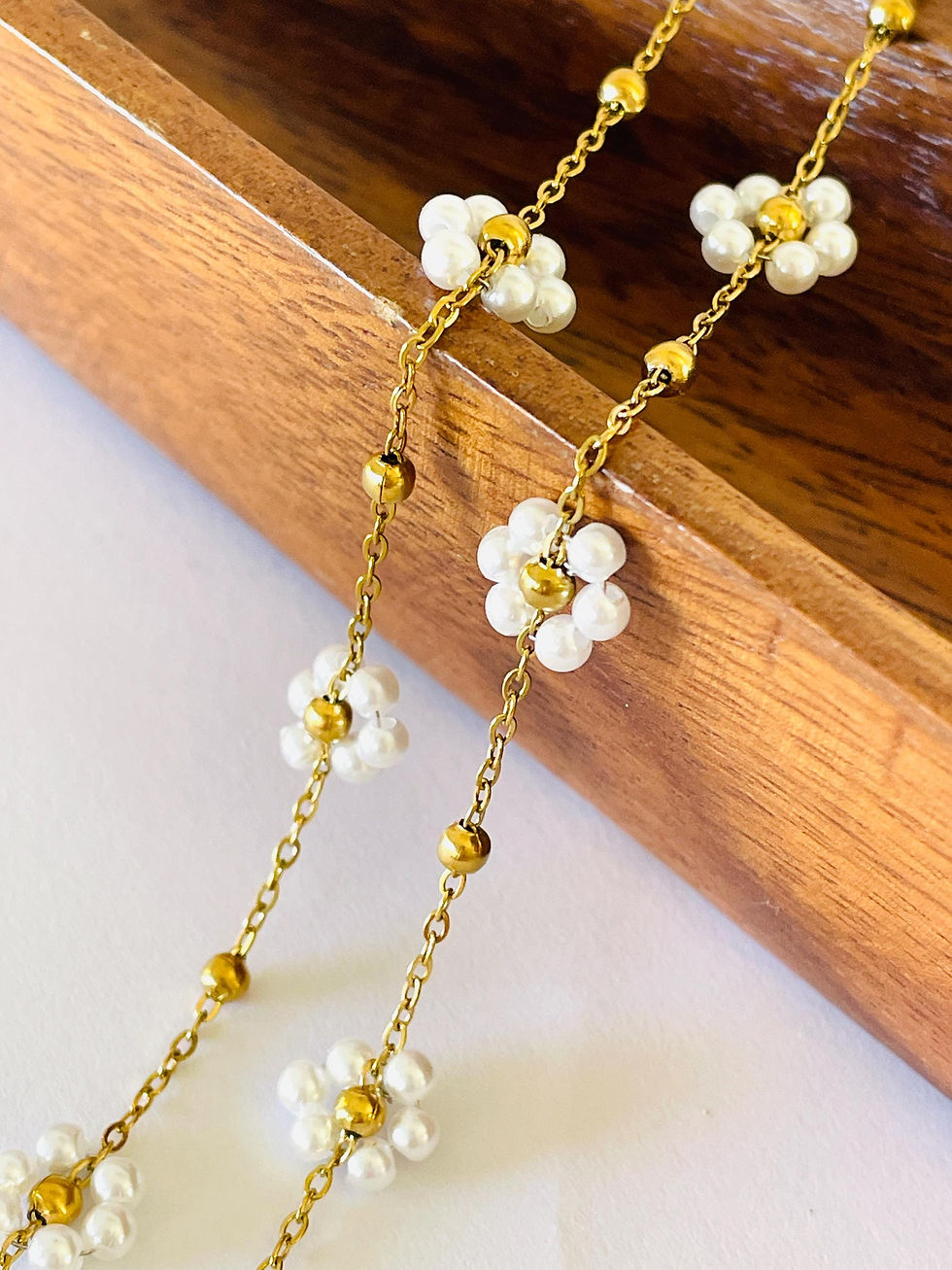 Thumbnail: Faux White Pearl 18k Gold Flower Daisy Beaded Rosary Chain by the Foot - Hand...