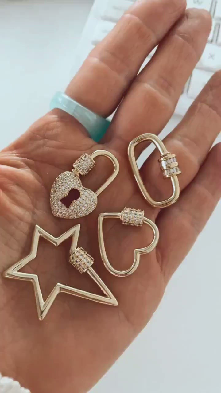 Thumbnail: Gold Carabiner Screw Clasps CZ Pave Heart Oval Star Locks Interlocking Charms