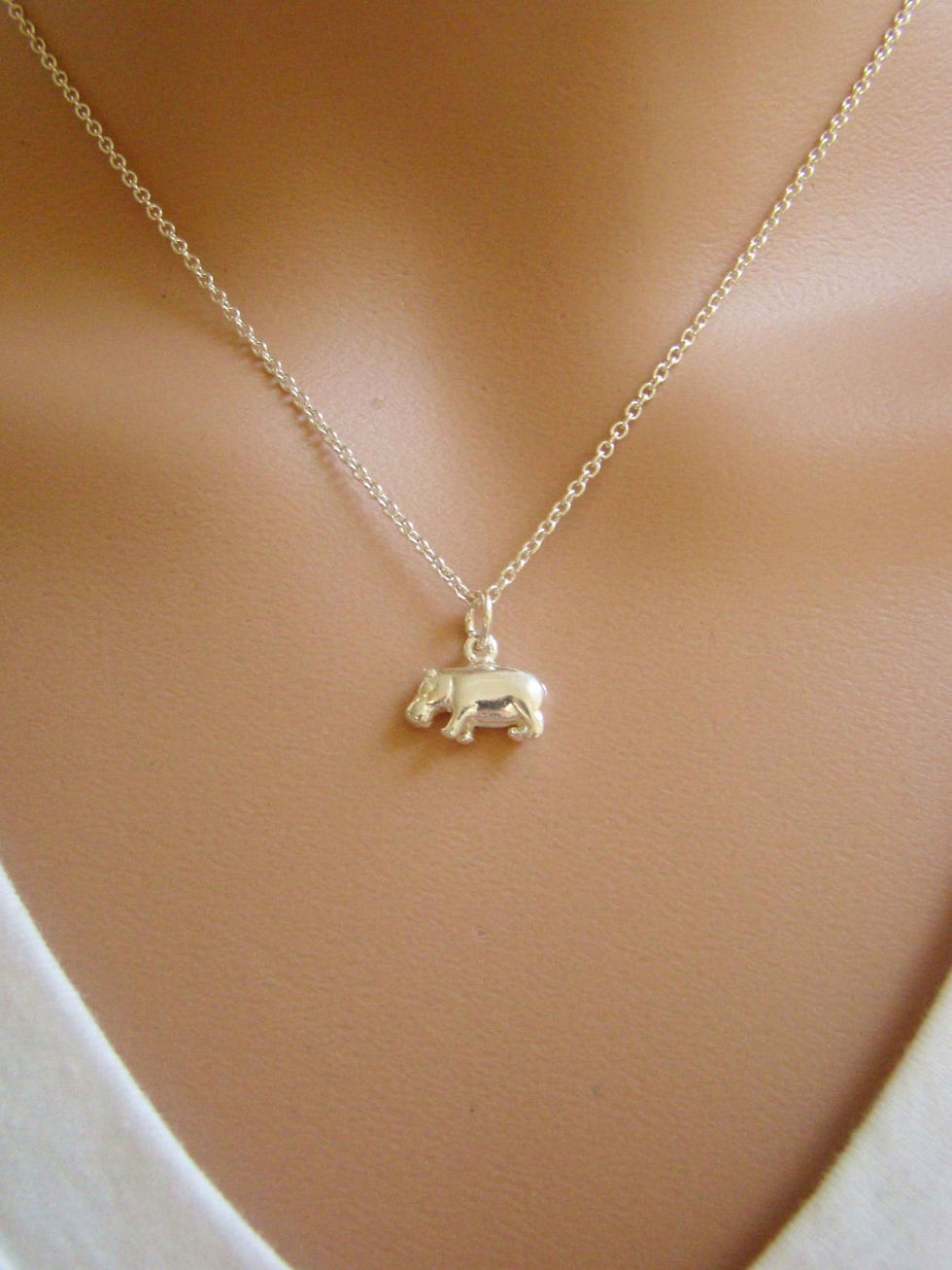 Thumbnail: Sterling Silver Hippo Charm Necklace - Layering Pendant