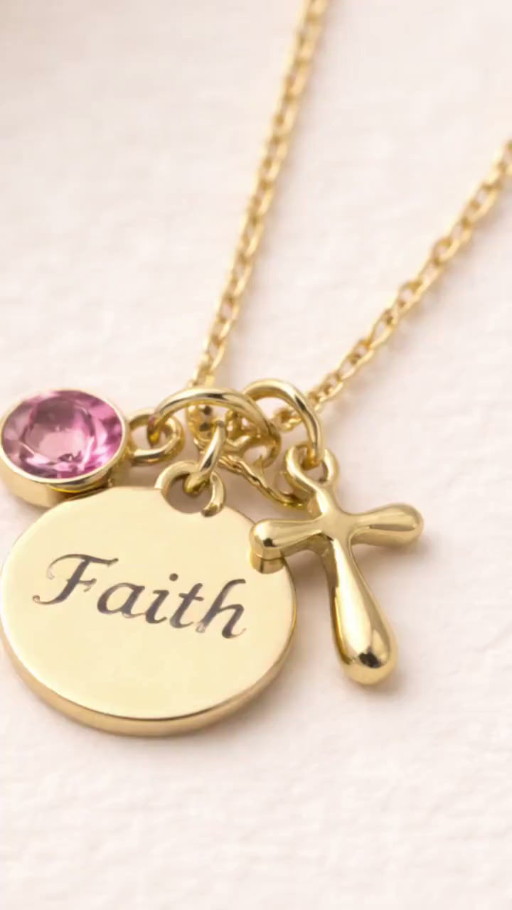 Thumbnail: Personalized Baptism Necklace - Gold Cross with Birthstone Crystal