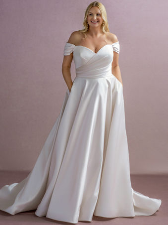 Shell Satin wedding dress with off the shoulder sleeve detail and ruched waist. Simple wedding dress
