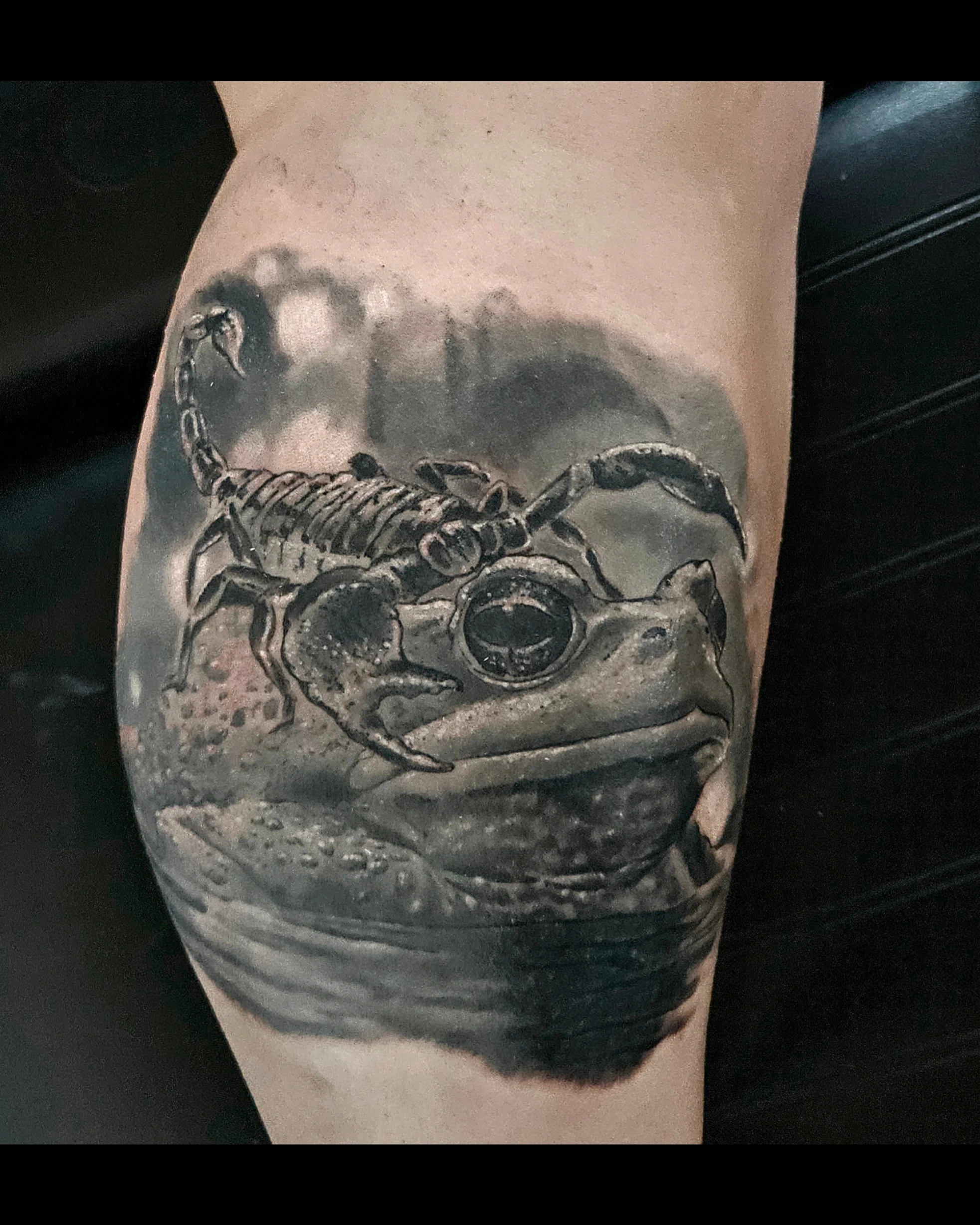 Black and grey fossil skeleton forearm tattoo