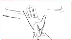 Storyboard image of hand with 'SNARL!' text reaching toward cloudy sky – dramatic visual storytelling for creative campaign