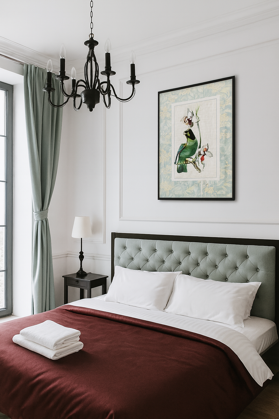 Bird & Botanical wall art in hotel bed room