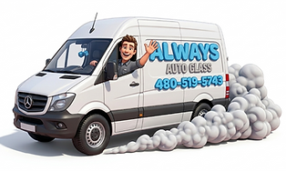 Cartoon illustration of an Always Auto Glass mobile service van with a friendly technician waving, featuring the phone number 480-519-5743