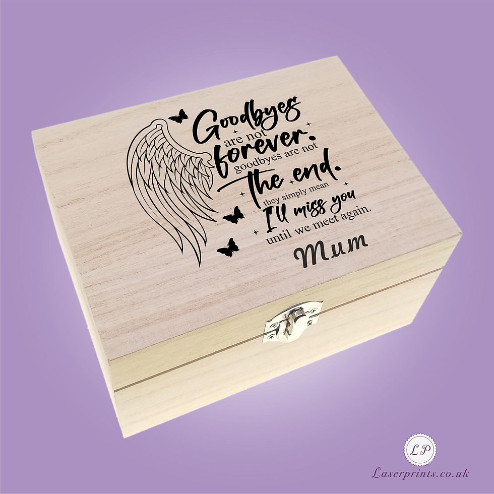 The Large Personalised Memory Box by Laserprints.co.uk is a light wooden adult ashes urn, engraved with angel wings
