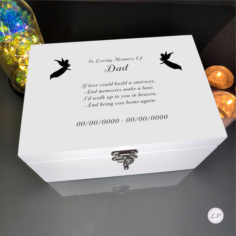 A white memory box with angel silhouettes and the inscription: In Loving Memory Of Dad. If love could build a stairway, And m