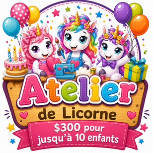 Fête dànniversaire Licorne - Crée ta propre licorne magique
🦄 Fête d’anniversaire Licorne – Crée ta propre licorne magique à Montréal

Offrez à votre enfant une fête d’anniversaire inoubliable avec notre atelier créatif “Fabrique ta Licorne” à Montréal! Une expérience magique, amusante et sans stress pour les parents 🎉

Notre atelier mobile se déplace directement chez vous pour transformer votre espace en véritable univers féérique rempli de couleurs, de rires et de créativité.