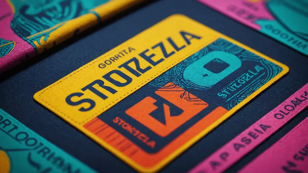 Close-up view of a vibrant clothing label featuring Storezia's unique designs
