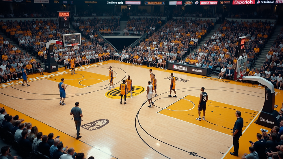 High angle view of a basketball court with players wearing custom jerseys