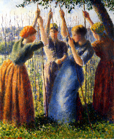 Quatre paysannes plantent des piquets dans un champ, dans une œuvre de Camille Pissarro datant de 1891.