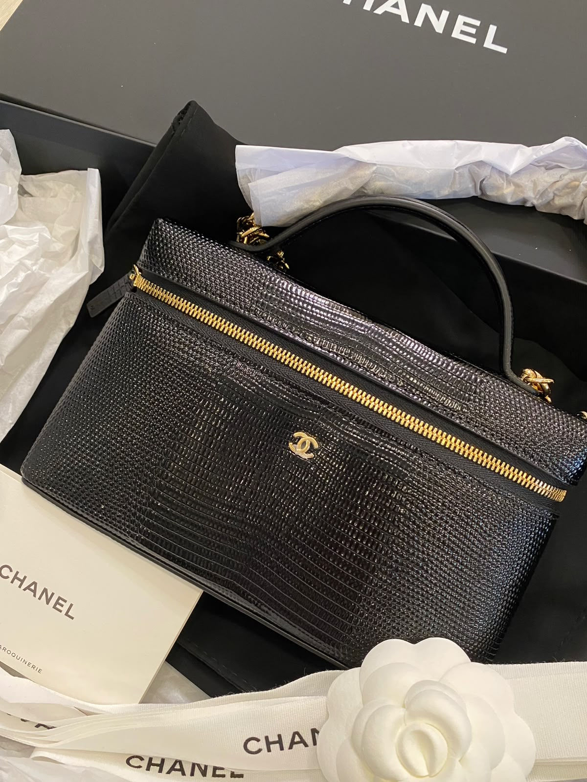 CHANEL 26A TOP HANDLE EMBOSSED LIZARD LEATHER BLACK BAG - New