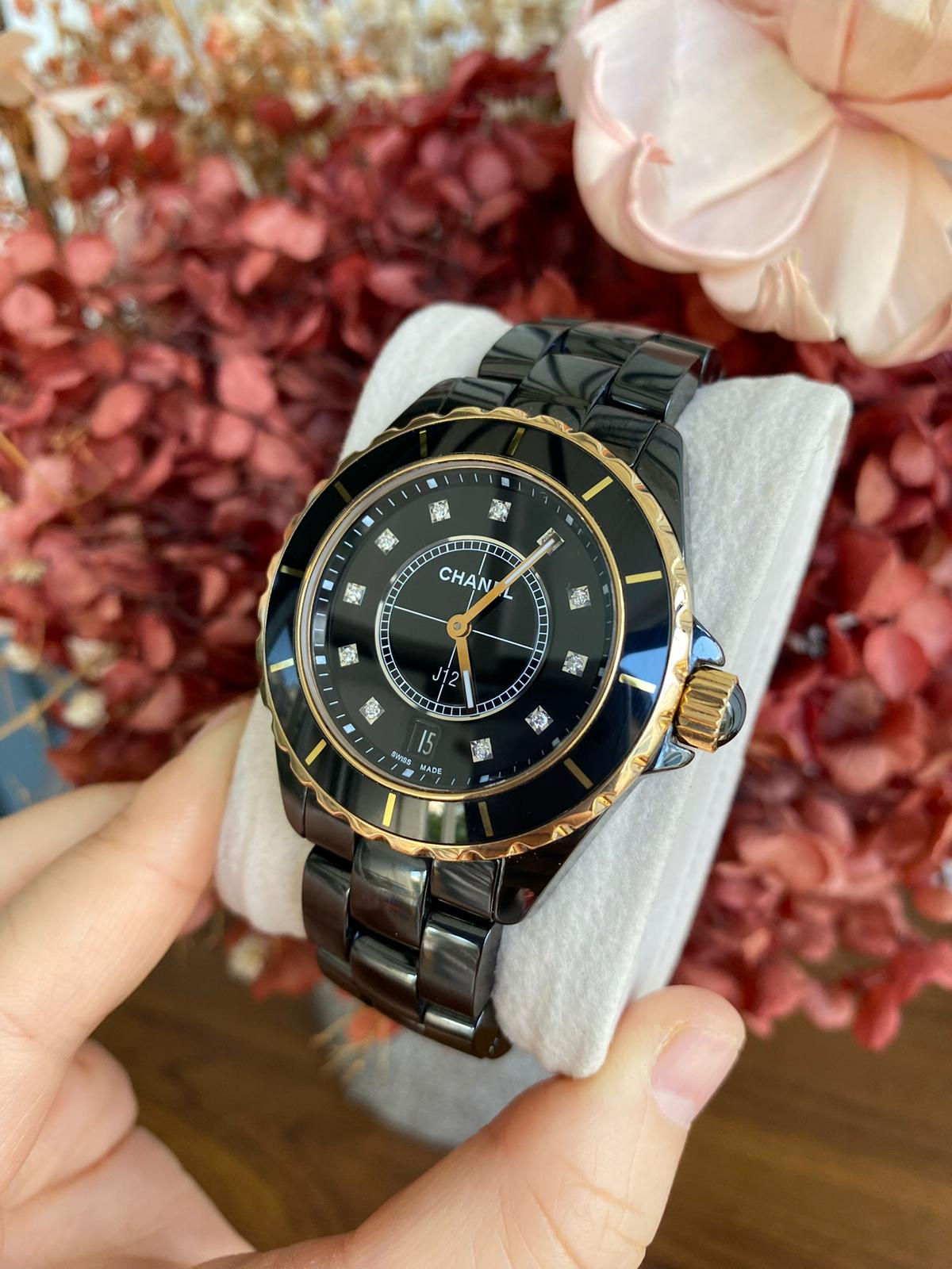 CHANEL J12 WATCH 38MM BLACK CERAMIC QUARTZ GOLD ACCENTS