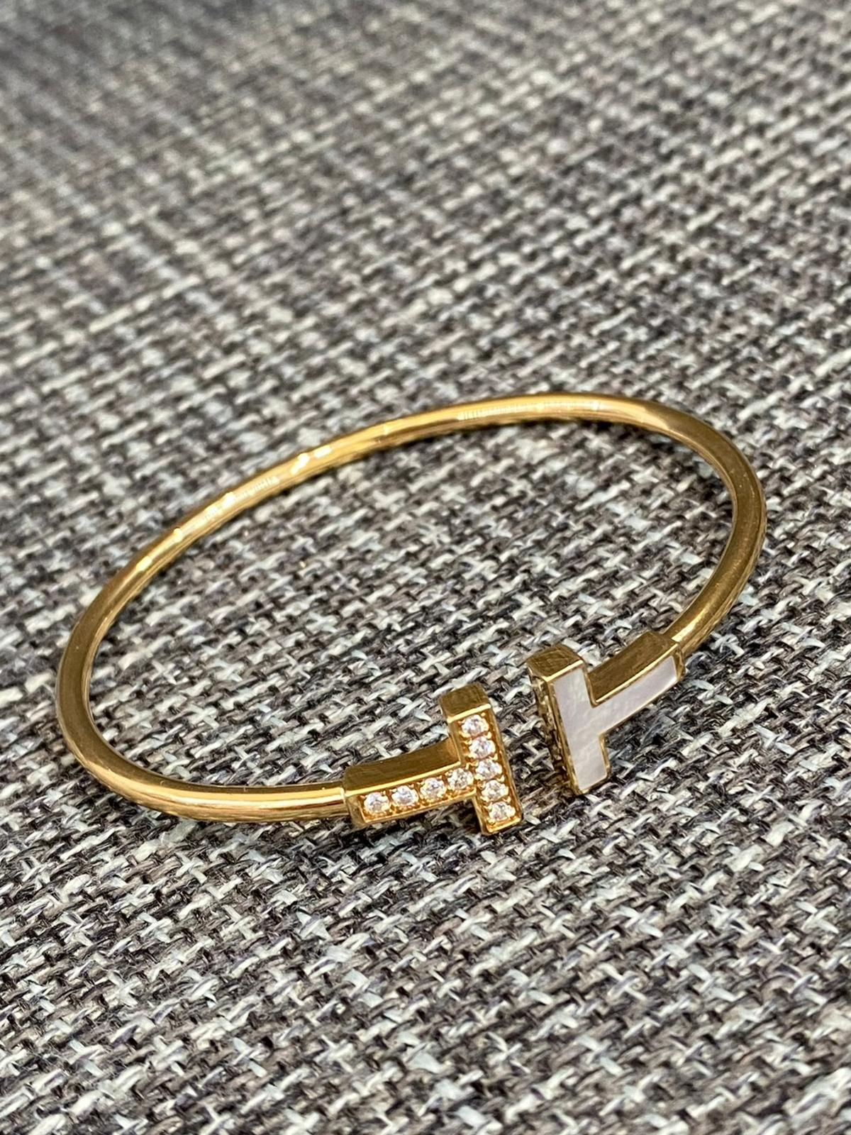 TIFFANY & CO T WIRE BRACELET 18K SOLID GOLD | DIAMONDS | MOP - Size S