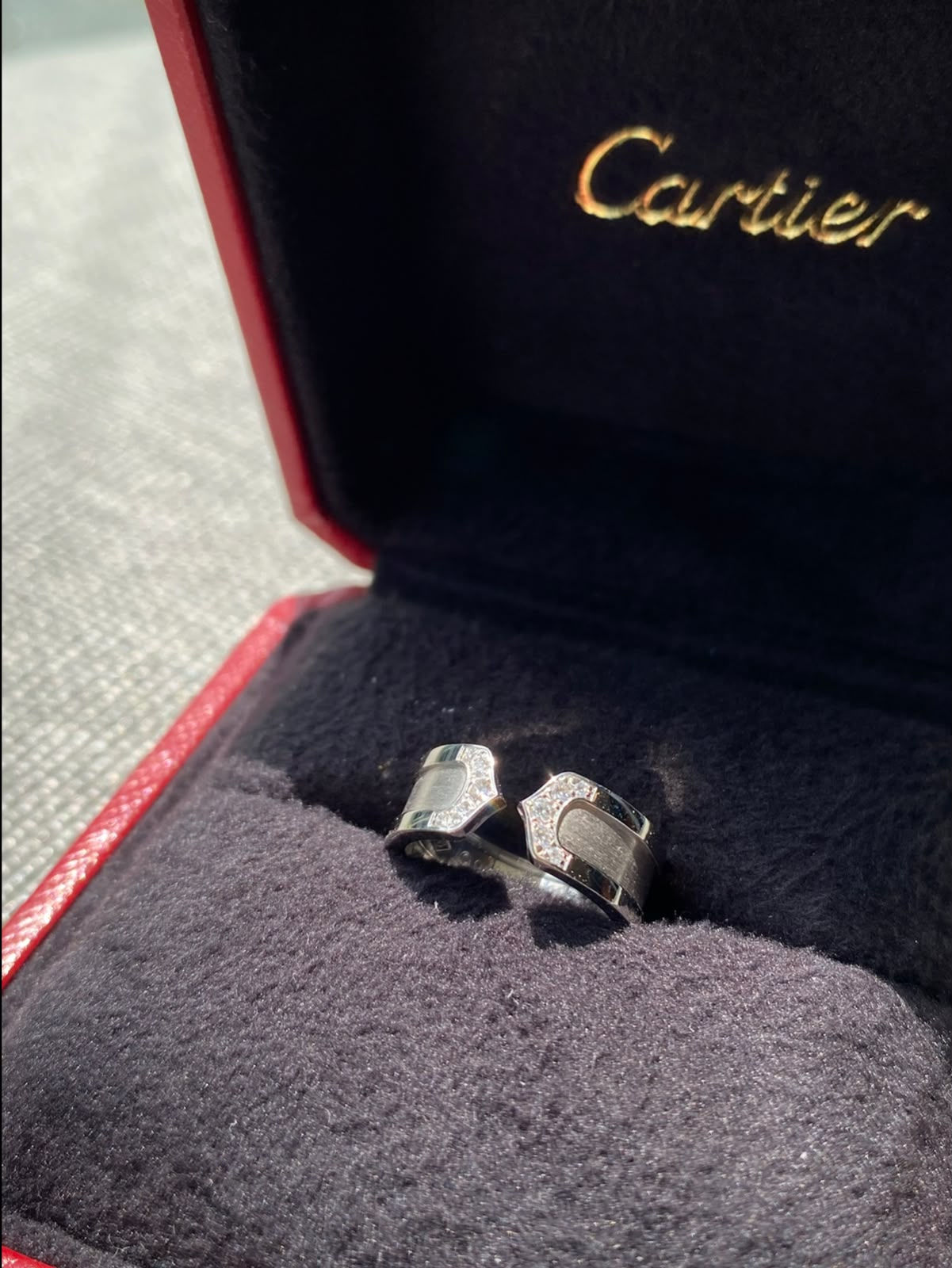 CARTIER DOUBLE C 2C DIAMONDS 18K WHITE GOLD RING — Size 47