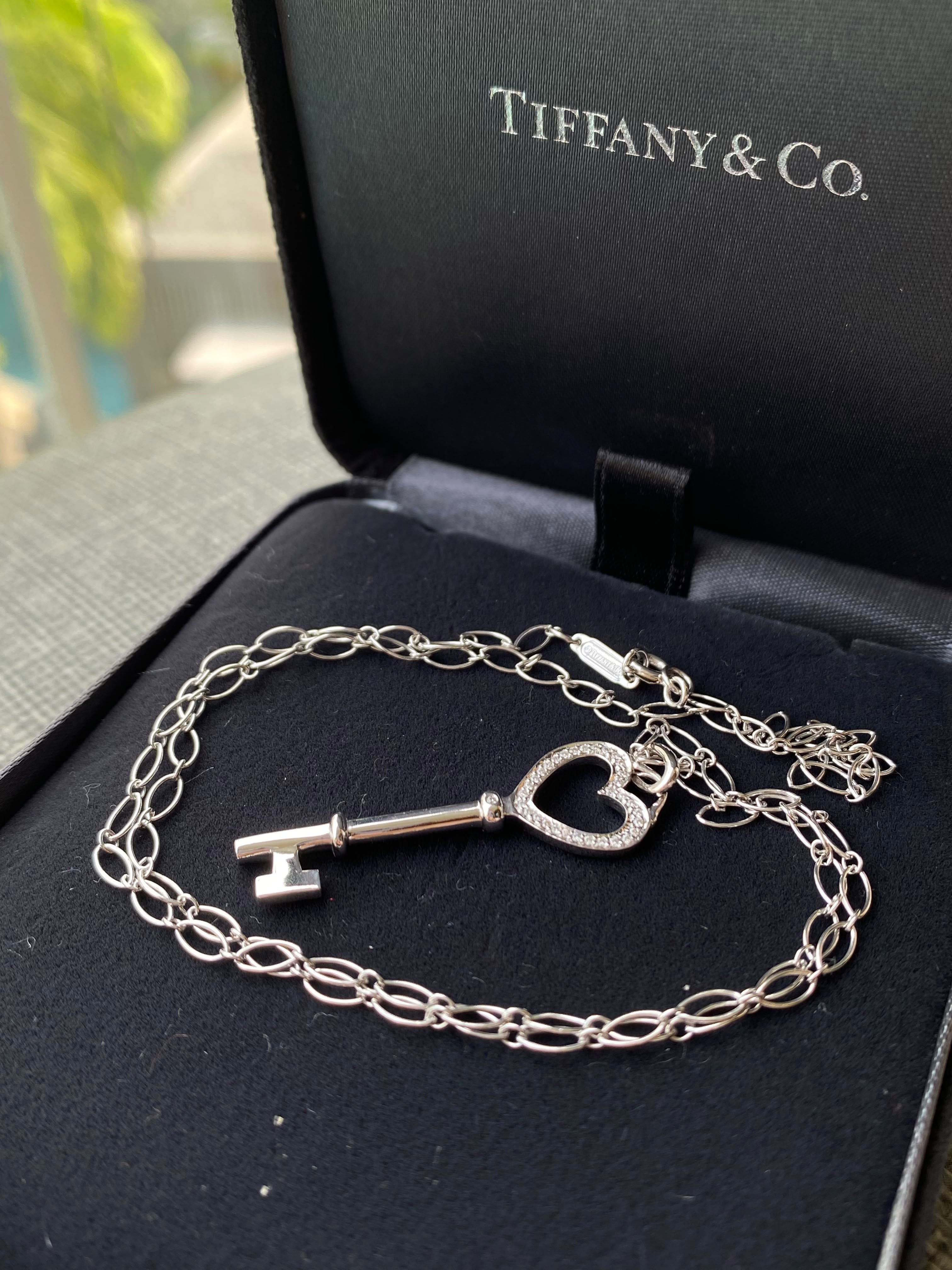 TIFFANY & CO HEART KEY PENDANT 18K WHITE GOLD PAVED DIAMONDS WITH CHAIN