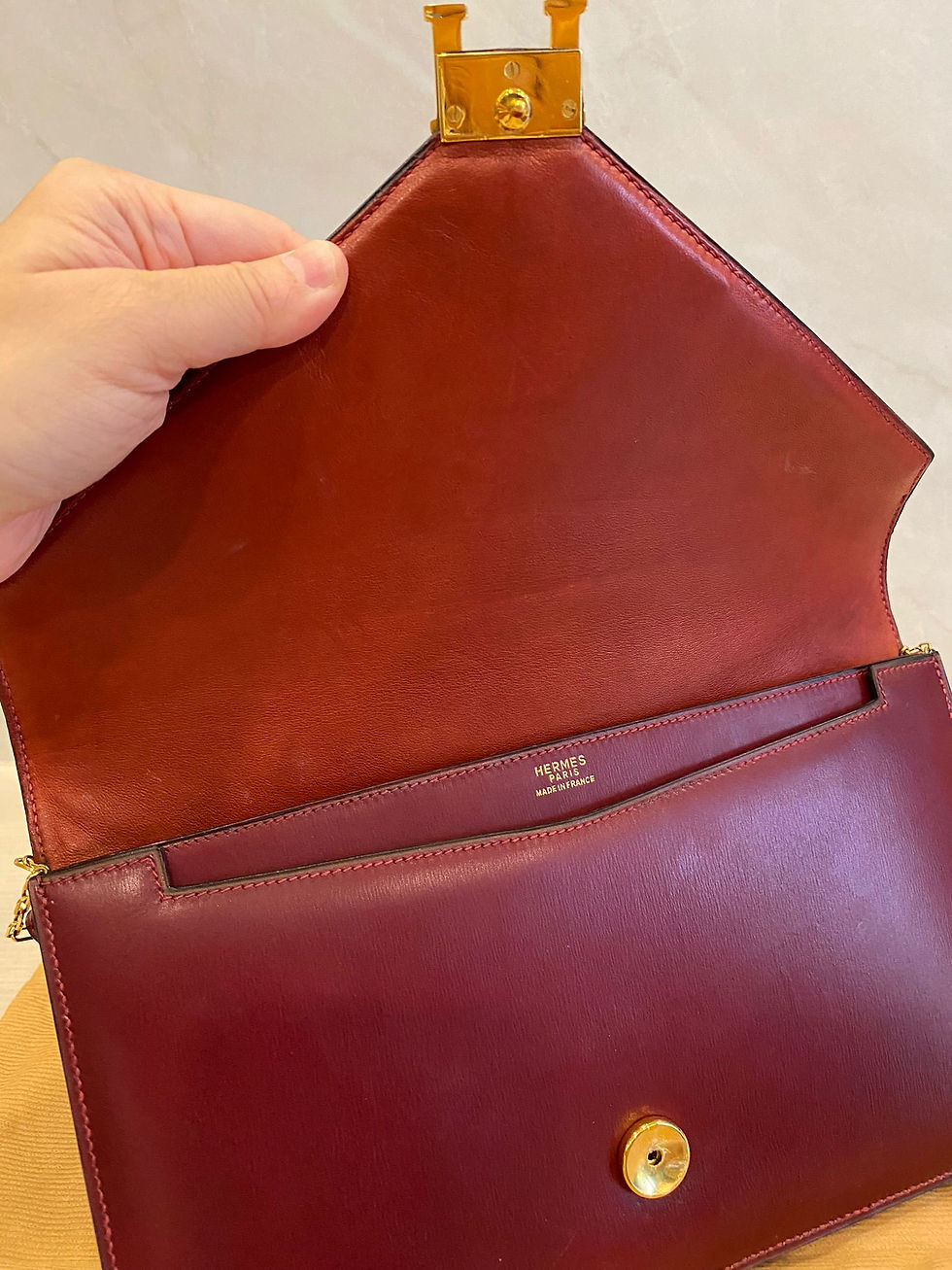 Thumbnail: HERMES LYDIE ROUGE H GHW BOX CALF (Preloved Excellent)