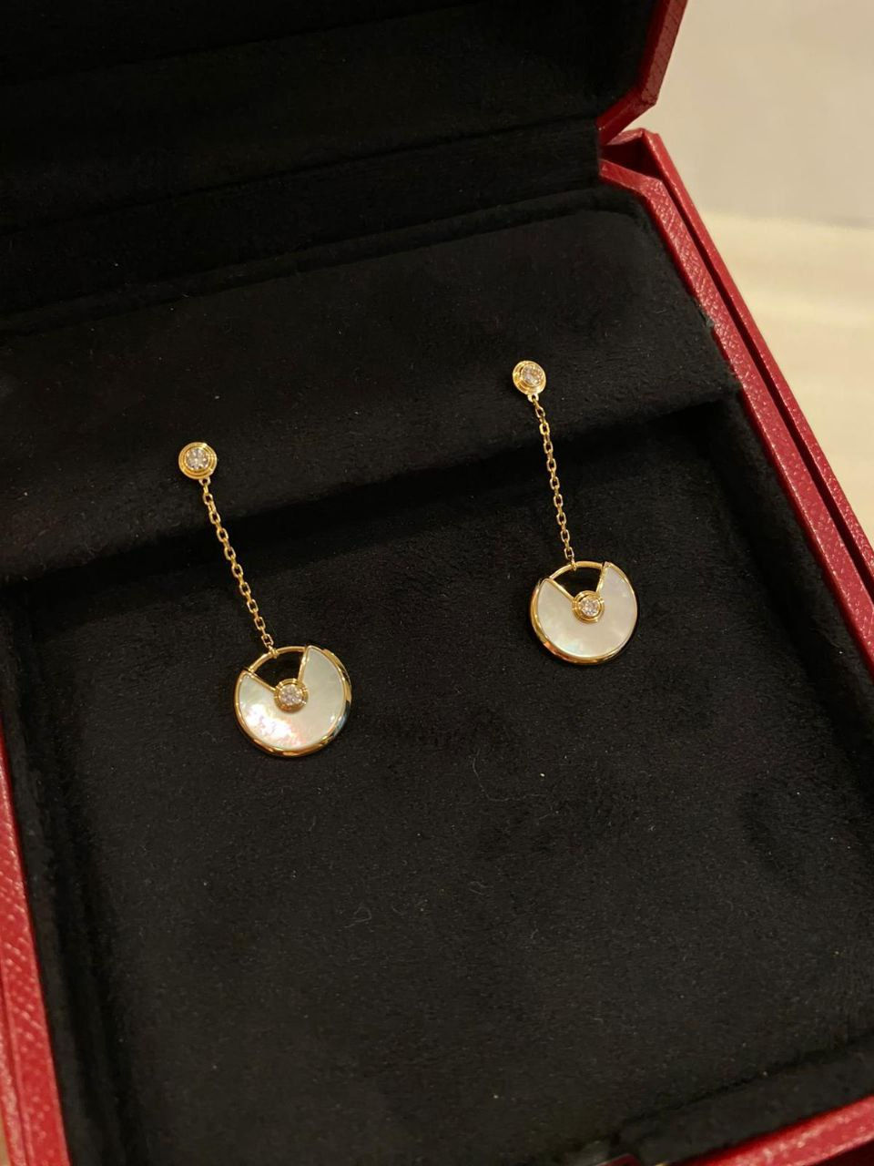 Thumbnail: CARTIER AMULETTE EARRINGS WHITE MOP DIAMONDS (Preloved Mint)