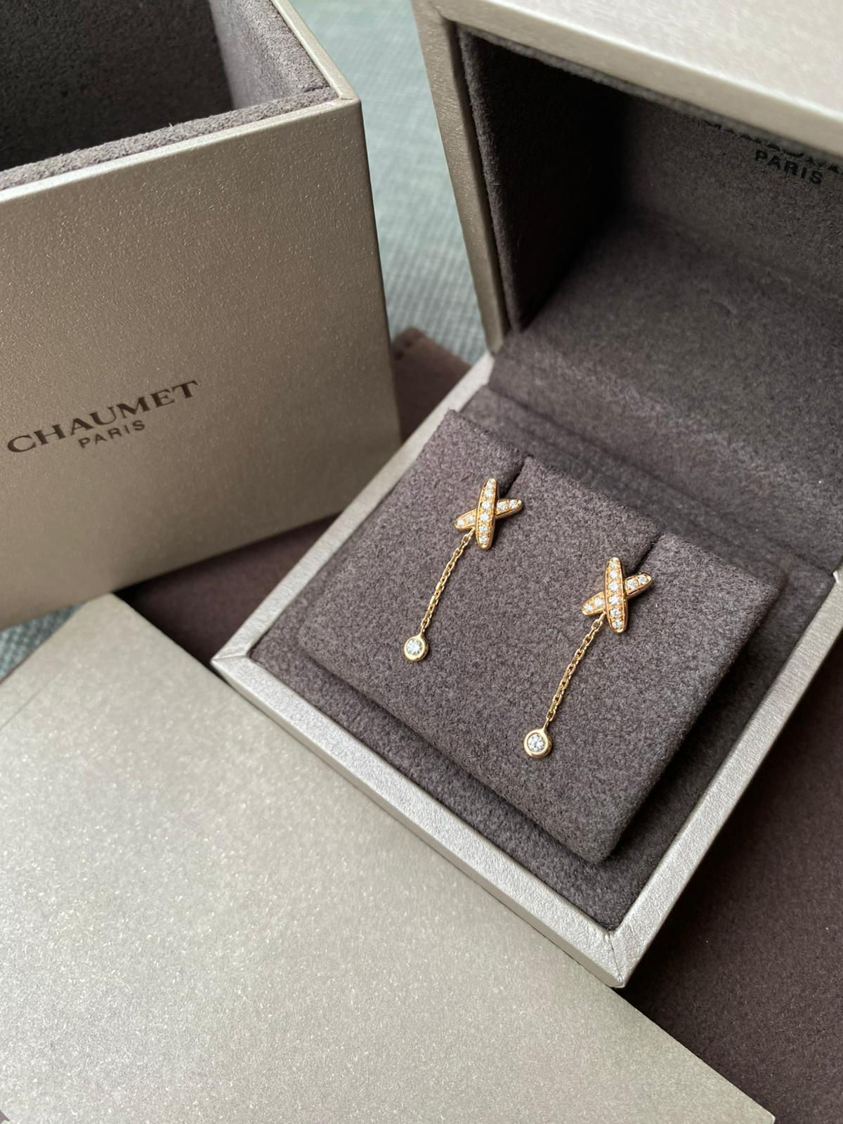 CHAUMET JEUX DE LIENS DROP EARRINGS 18K RG DIAMONDS PAVED