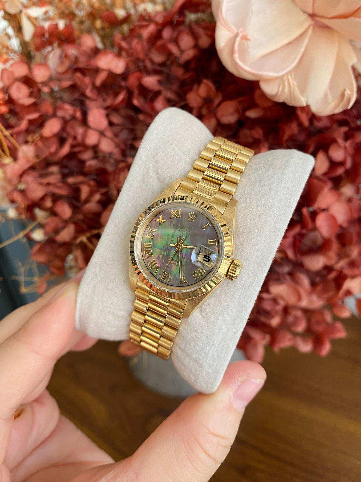 ROLEX DATEJUST 26 BLACK TAHITIAN MOP DIAL FULL 18K SOLID GOLD WATCH