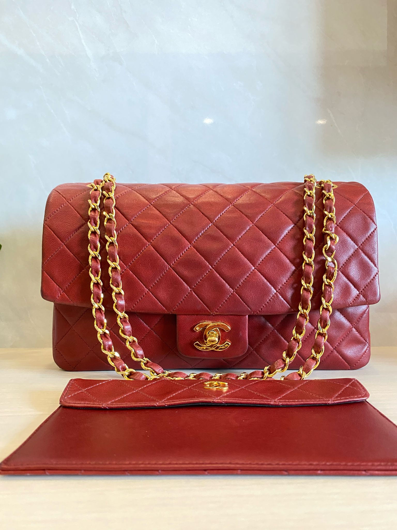 CHANEL CHERRY WINE RED PARENT-CHILD FLAP BAG WITH POUCH VINTAGE DISCONTINUED