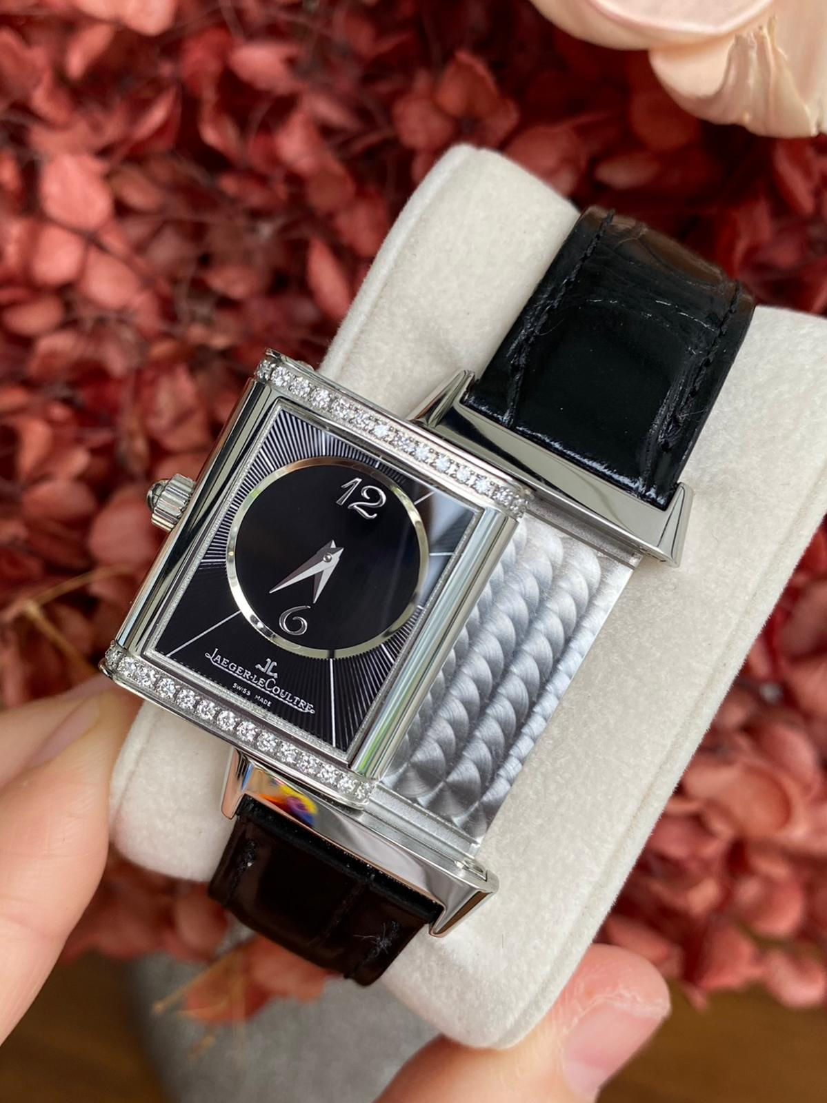 JAEGER-LECOULTRE REVERSO DUETTO MEDIUM DAY TO NIGHT BLACK GUILLOCHE DIAL WATCH