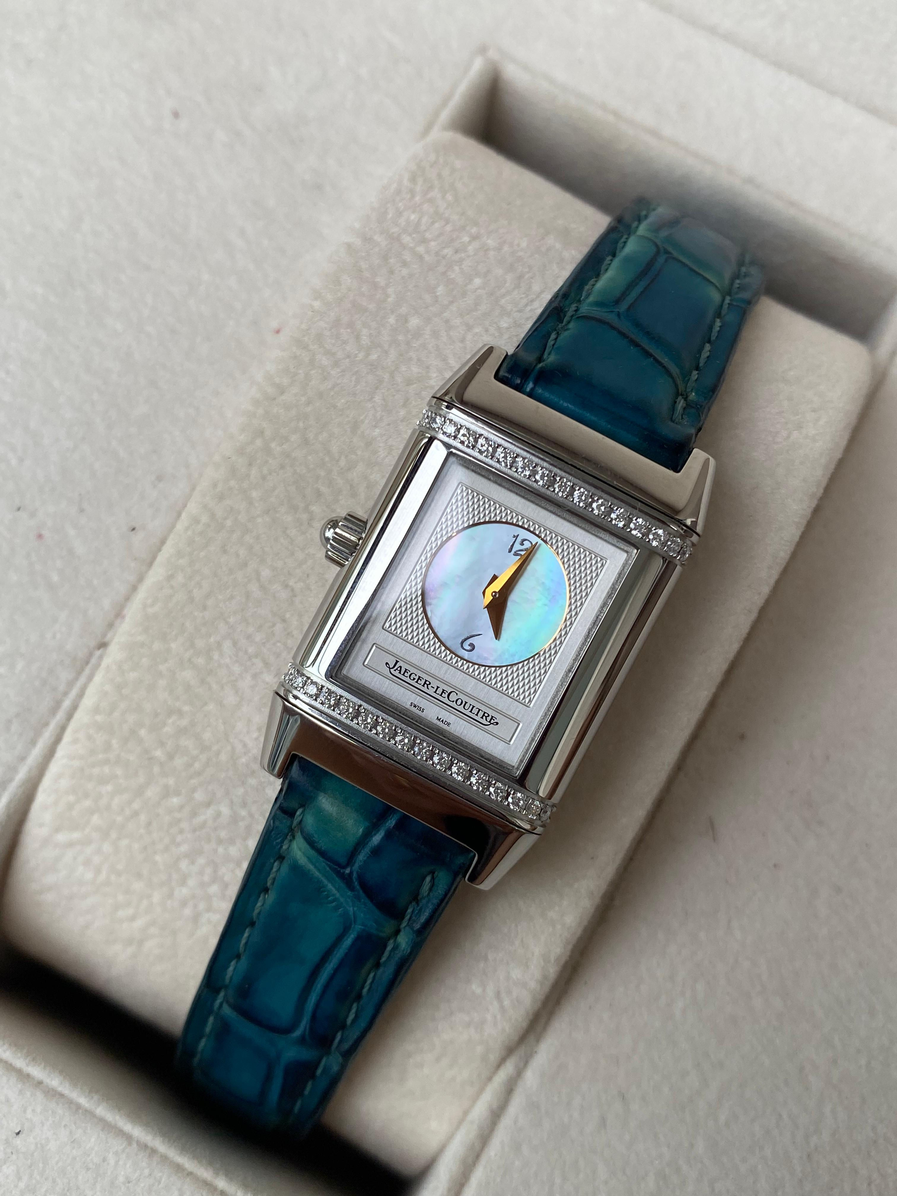 JAEGER-LECOULTRE JLC REVERSO DUETTO SMALL STEEL DIAMONDS MOP MECHANICAL WATCH