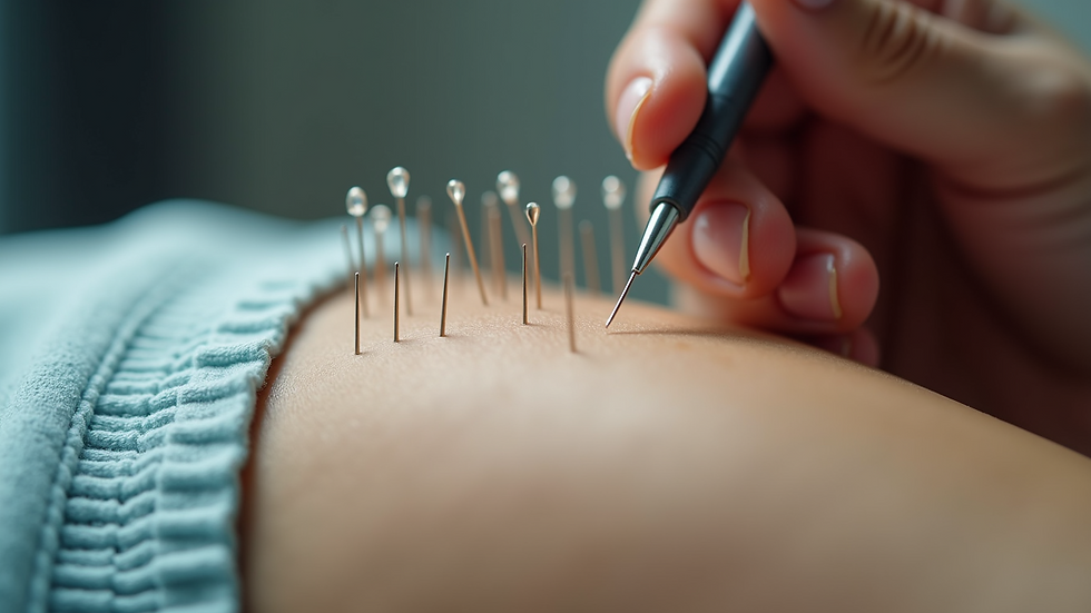 Close-up view of acupuncture needles being carefully inserted into a patient's arm
