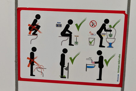 A sign instructing how to use a toilet