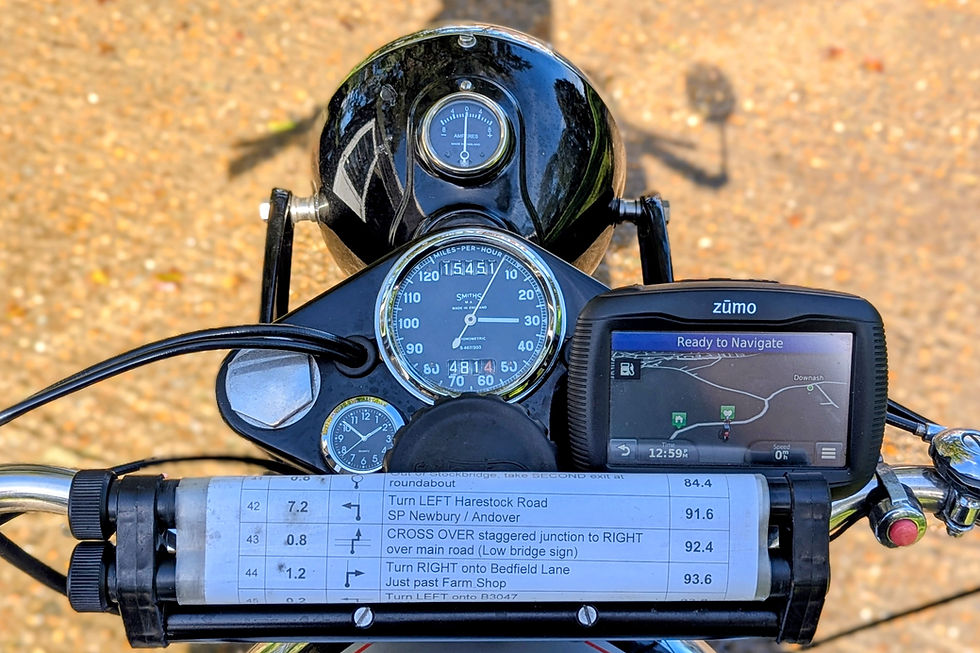 Motorcycle dashboard with speedometer, Zūmo GPS, and route sheet; parked on a sunlit gravel path.