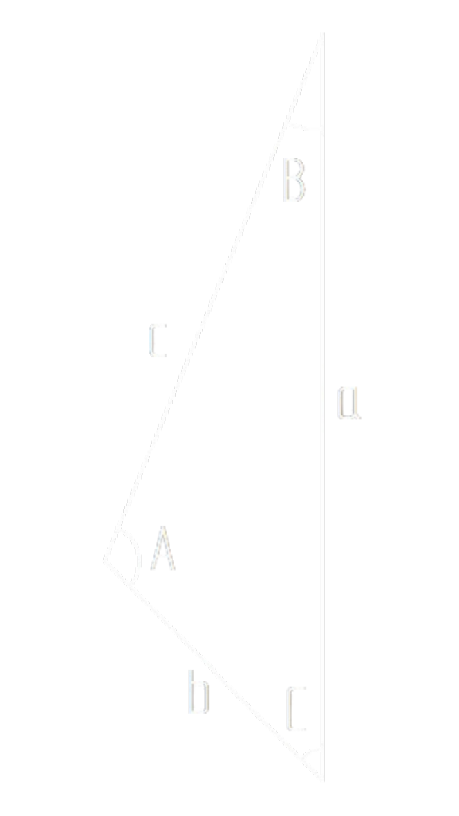 A triangle diagram labeled with sides a, b, c, and angles A, B, C on a black background, featuring white lines and text.