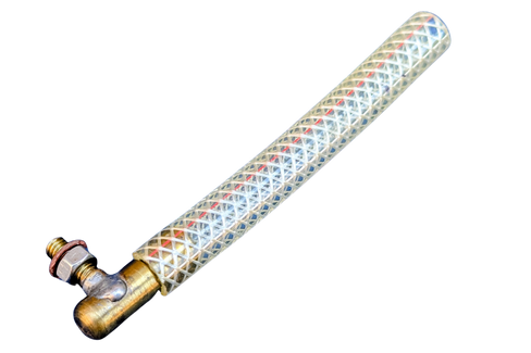 Braided translucent hose with brass fitting for setting carburettor fuel level. 