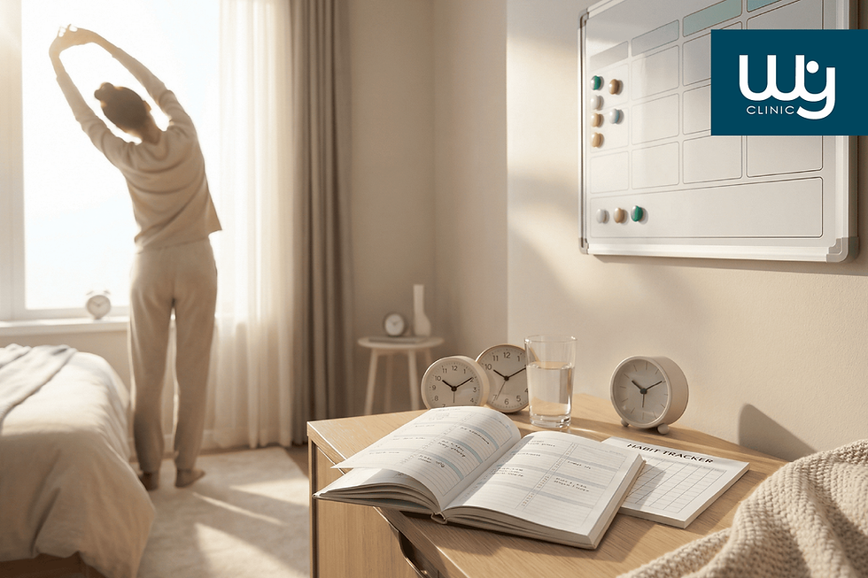 Pessoa relaxada a desfrutar de uma manhã tranquila com chá e luz natural, representando uma rotina equilibrada e sem stress.
