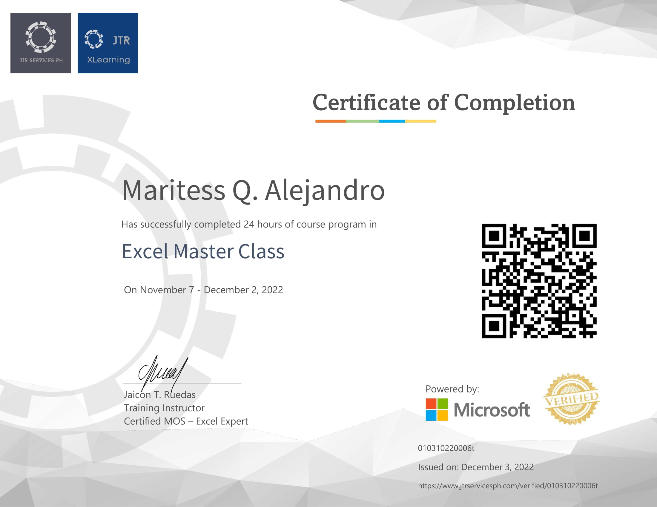 Verified Certification Excel Master Class issued to Maritess Q. Alejandro