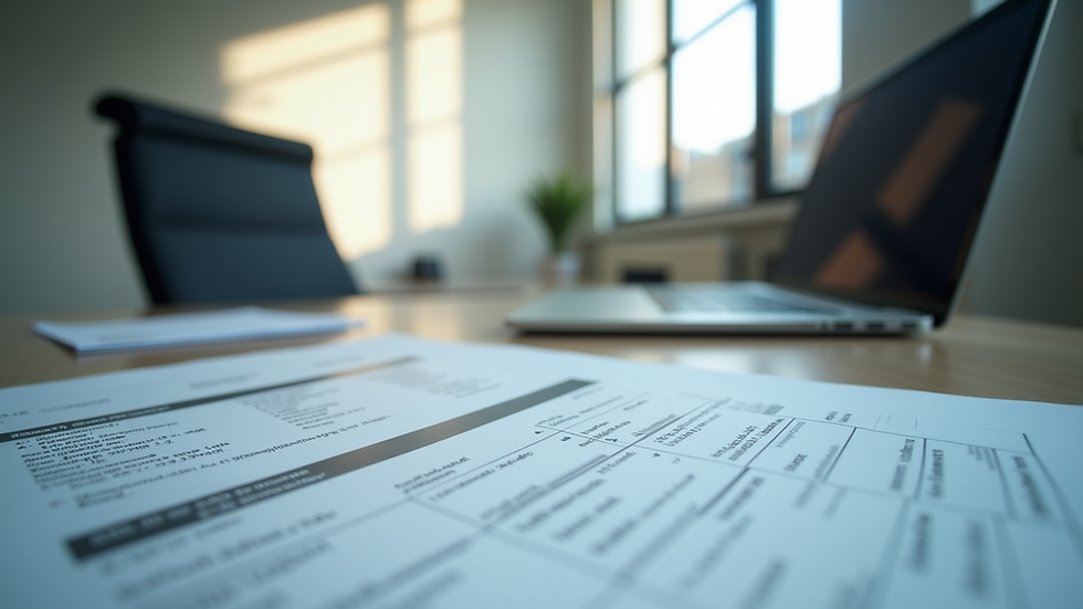 Eye-level view of a modern office desk with regulatory documents and a laptop
